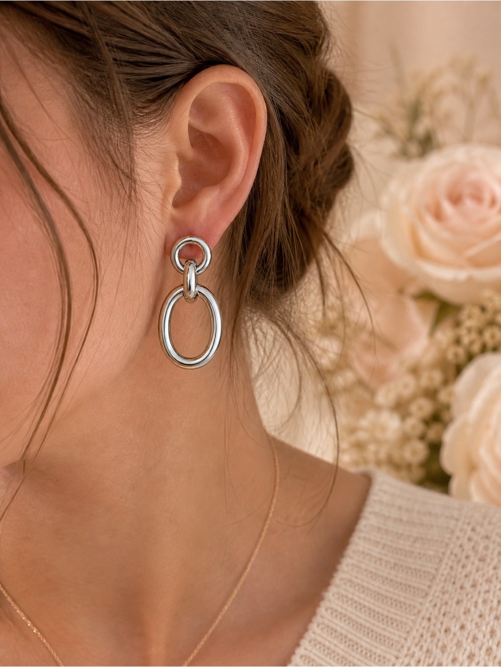 Luxury Silver Double Loop Drop Earrings